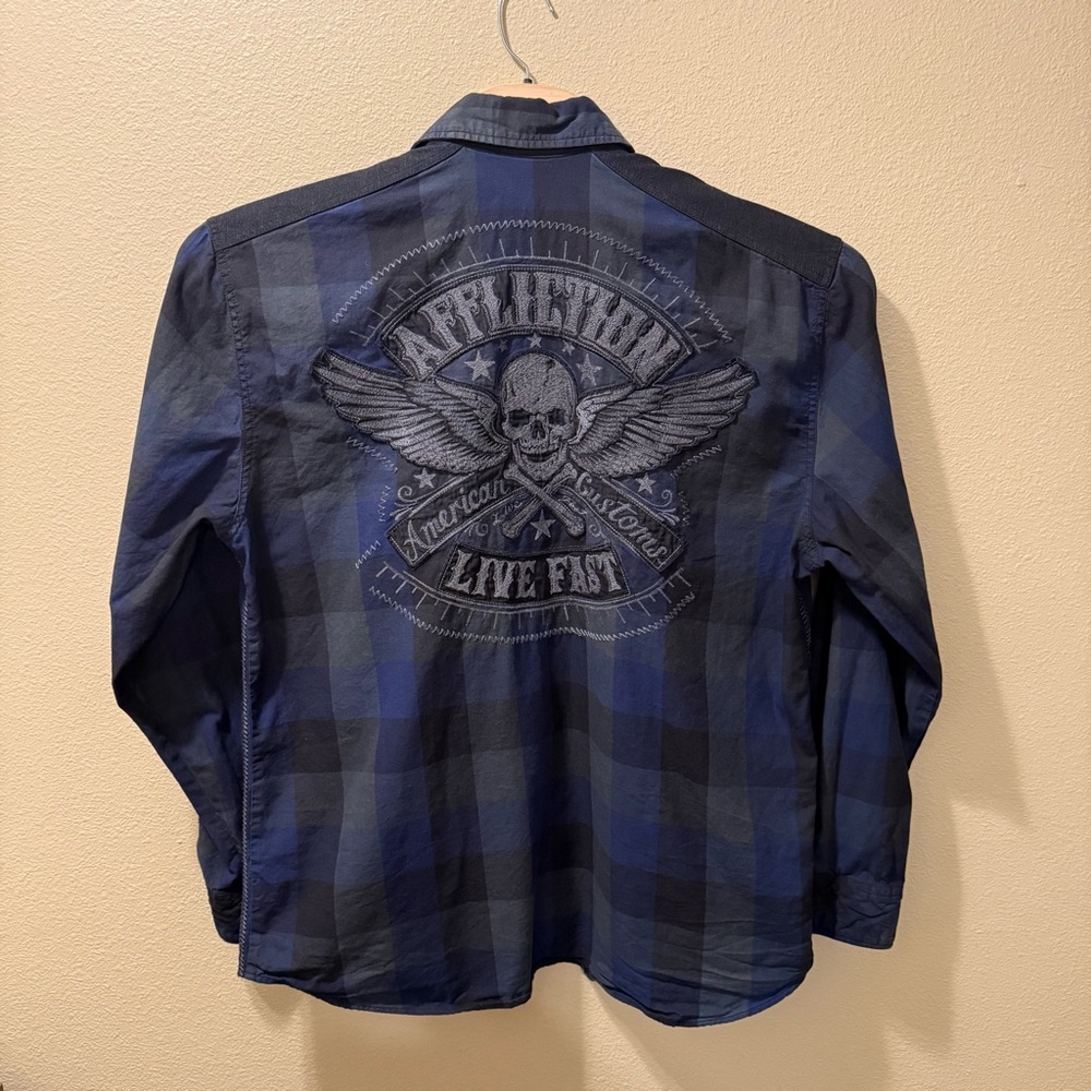 Men’s 2XL Affliction for Buckle Navy Blue Black Premium Embroidered Flannel - Picture 10 of 16